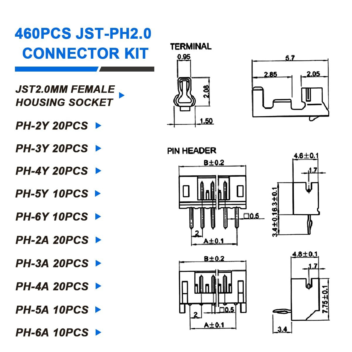 new 460PCS JST PH2.0 Connector kit 2/3/4/5/6Pin Plug Kit, White