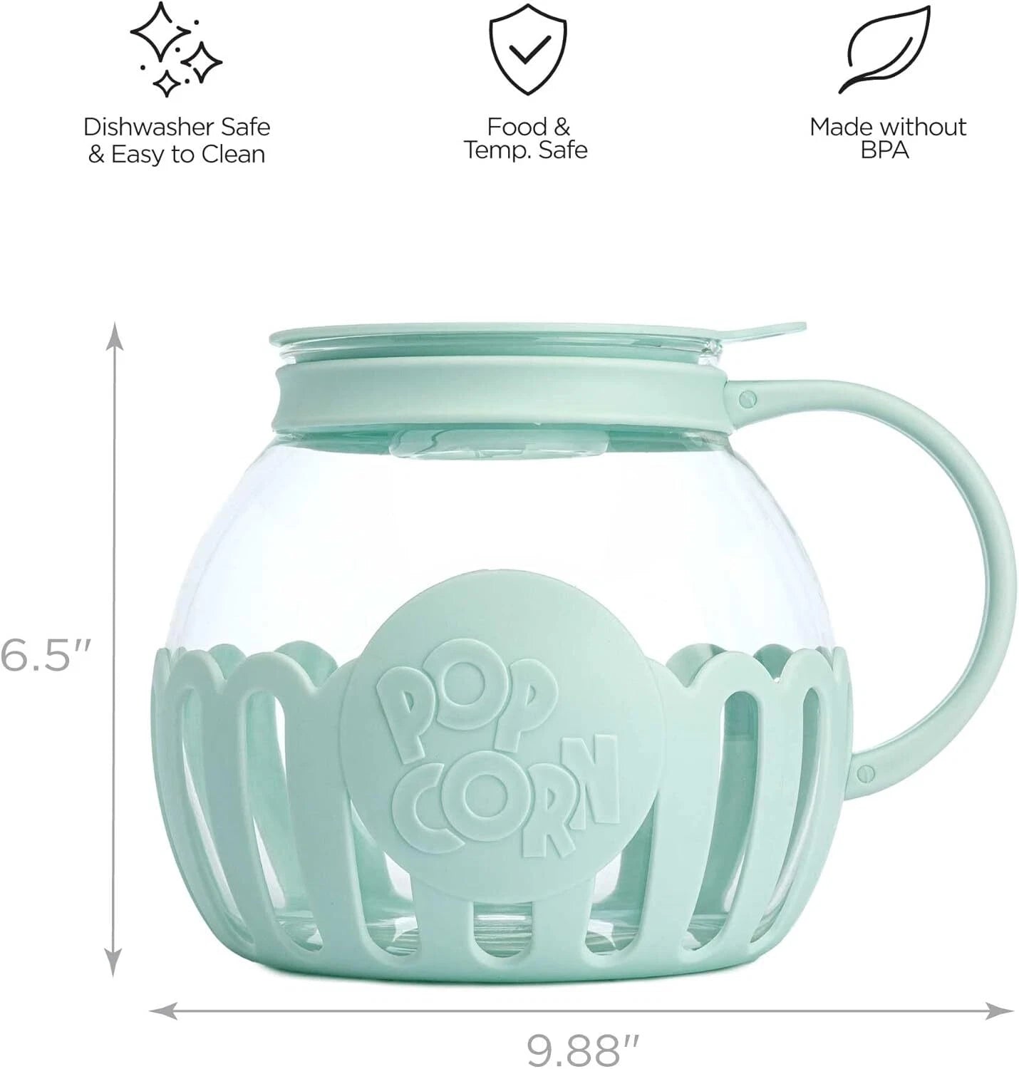 Microwave Popcorn Maker with Glass, 3-in-1 Lid, Melted Butter,3-Quart,Aqua Green 07FC0E-D4 - KOEEK