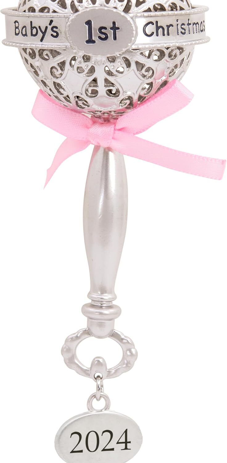new Hallmark Baby's First Rattle Pink 2024 Christmas Ornament, Premium Metal