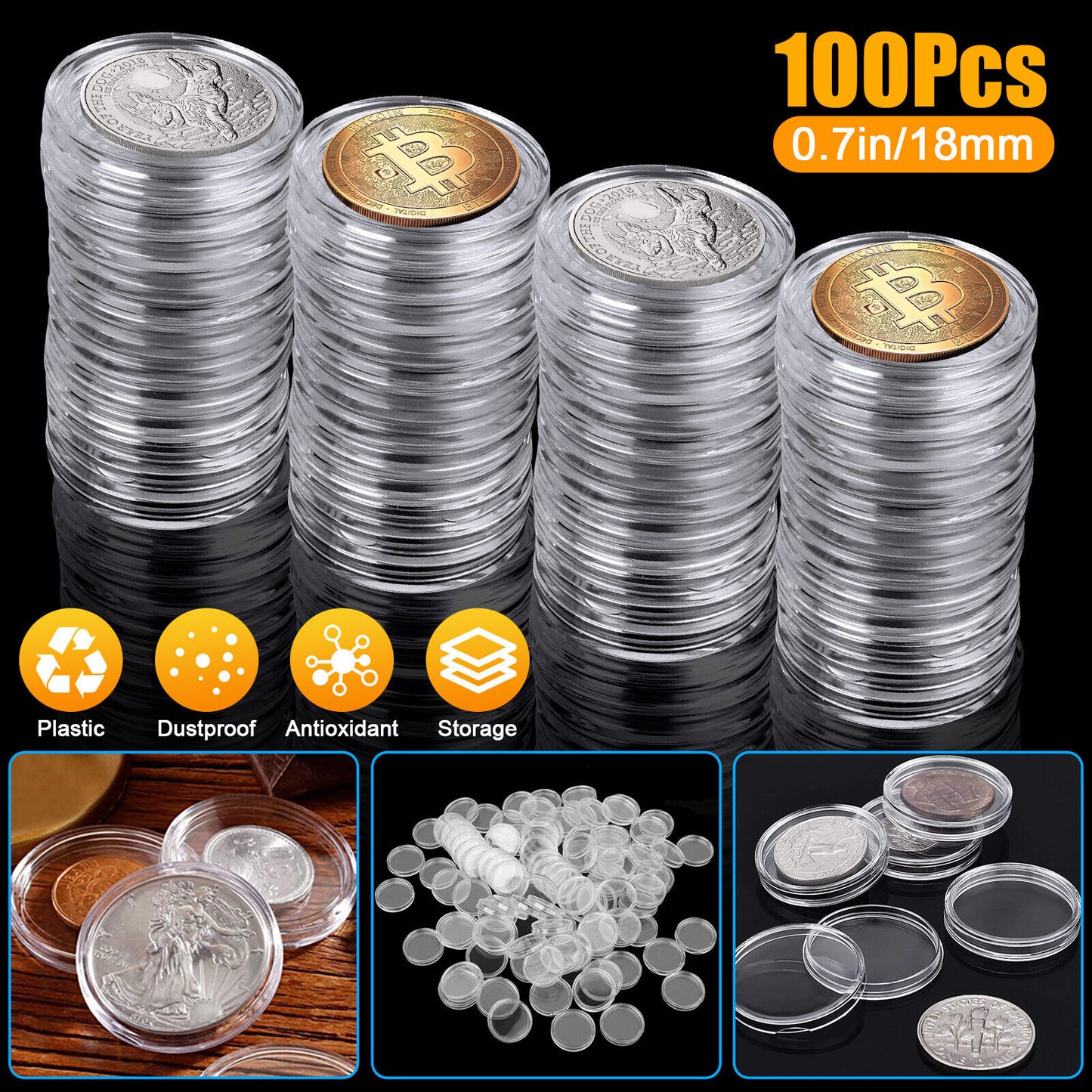 100PCS 18mm Coin Holder Capsules Case Clear Plastic Round Storage Container Box