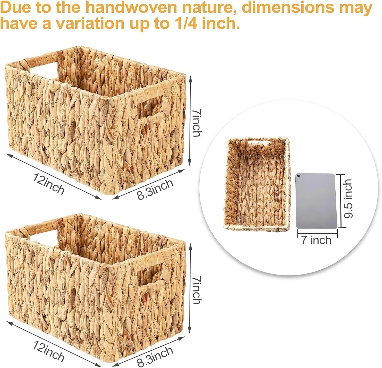 Water hyacinth rectangular wicker basket, 12-inch wicker basket, set of 2 07FC0E-D4 - KOEEK