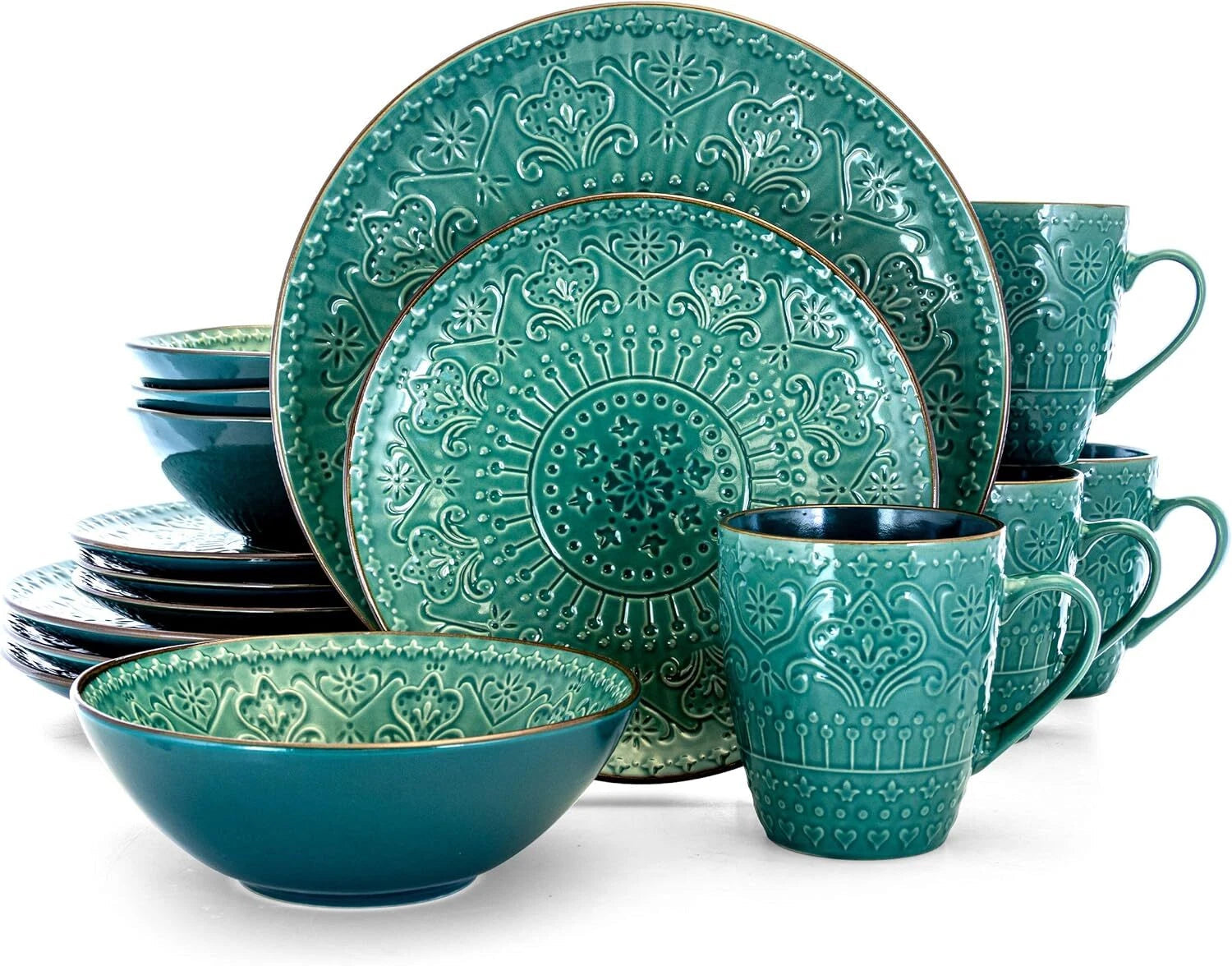 Round Stoare Cameo Dinnerware Set, 16 Piece, Ocean Teal and Green 07FC0E-D4 - KOEEK