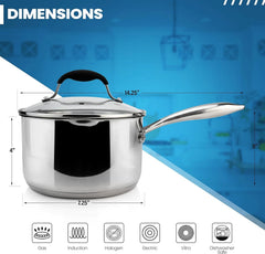 Stainless steel sauce pan with glass strainer lid and two side spouts