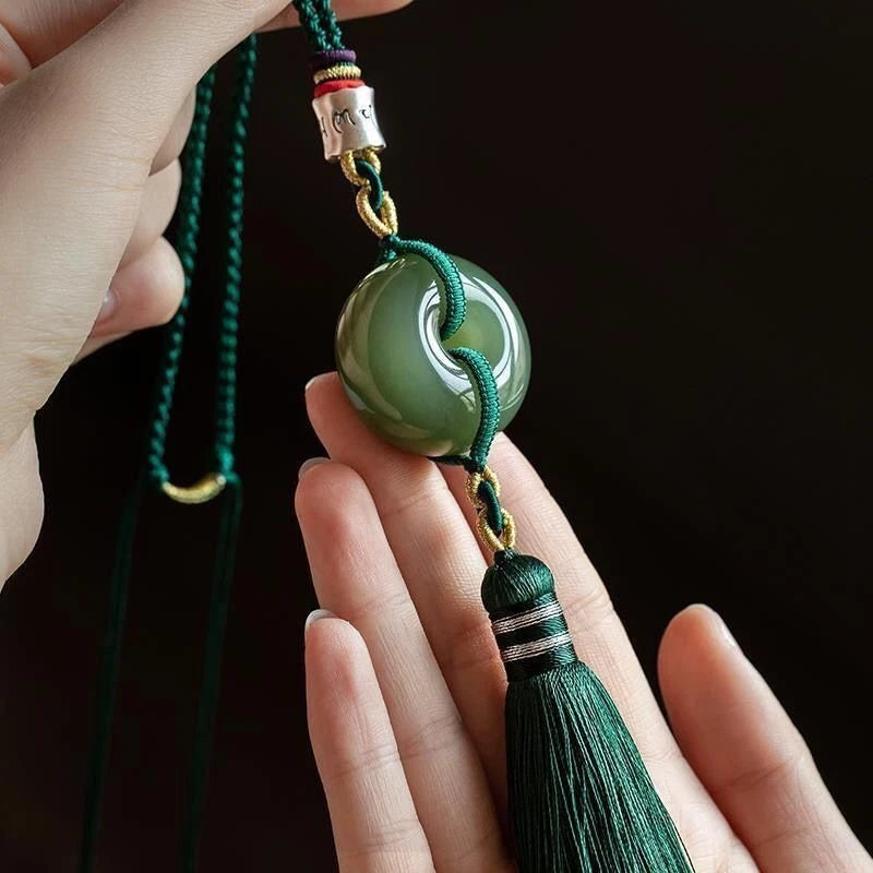 Hetian Jade Safety Buckle Car Hanging Ornament Tassel Rearview Mirror Pendant 07FC0E-D4 - KOEEK