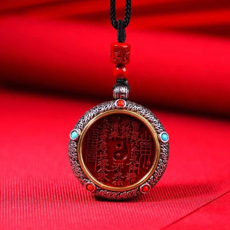 Natural Cinnabar Handcarved Tibetan Silver Bagua Pendant Amulet Necklace 07FC0E-D4 - KOEEK