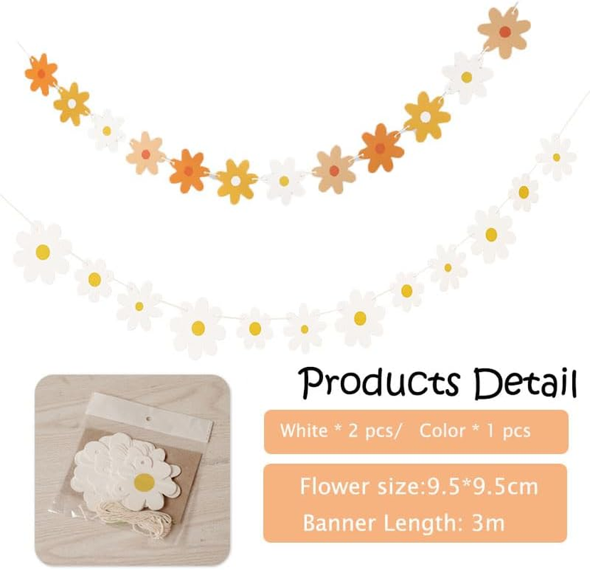 new Daisy Boho Banner Party Decorations,3 Packs Groovy Party White Daisy and Colorfu