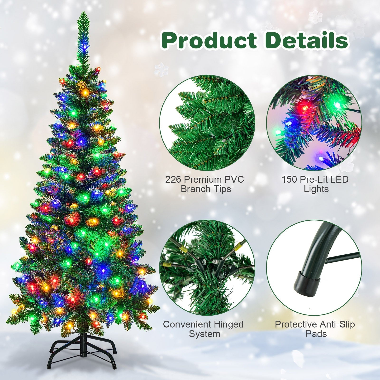 4.5ft Pre-Lit Hinged Artificial Fir Pencil Christmas Tree w/150 Multicolor Light 07FC0E-D4 - KOEEK