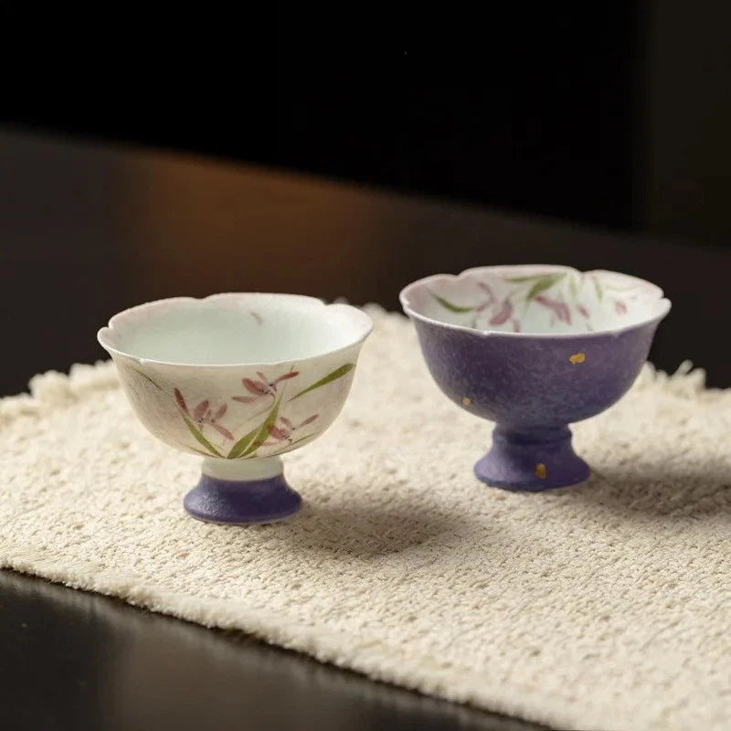 60ml Retro Ceramic Handpainted Orchid High Foot Cup Tea-tasting Cup Master Cup 07FC0E-D4 - KOEEK