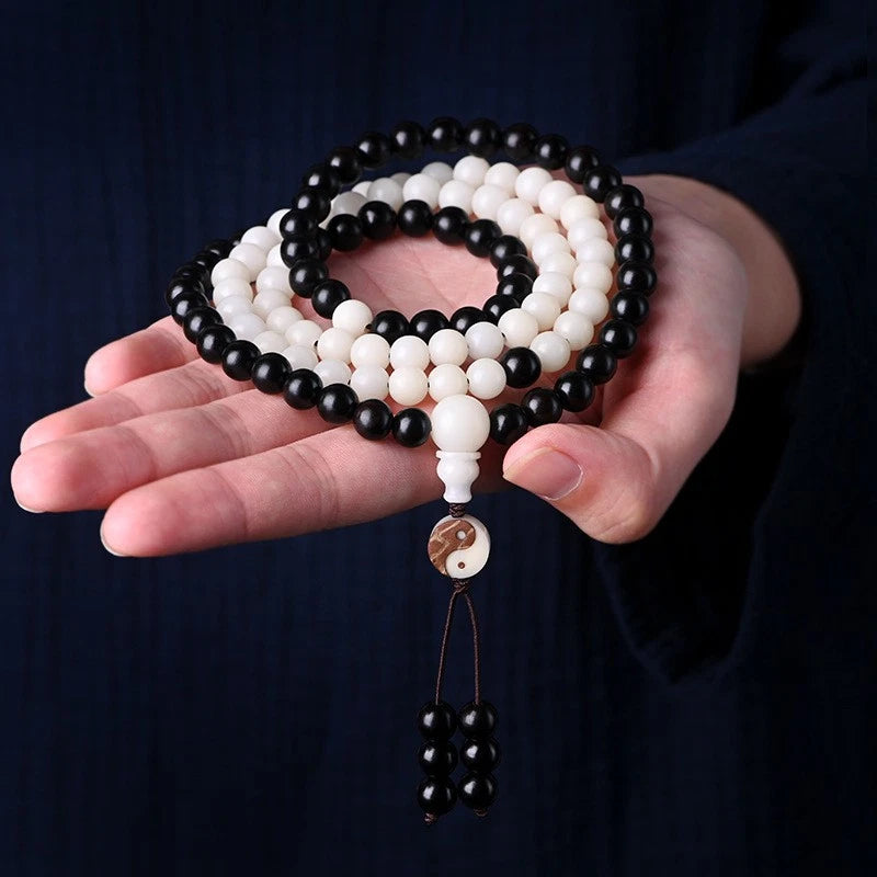 8mm White Bodhi Black Ebony Bead 108 Beads Taoist Yin Yang Bagua Bracelet 07FC0E-D4 - KOEEK