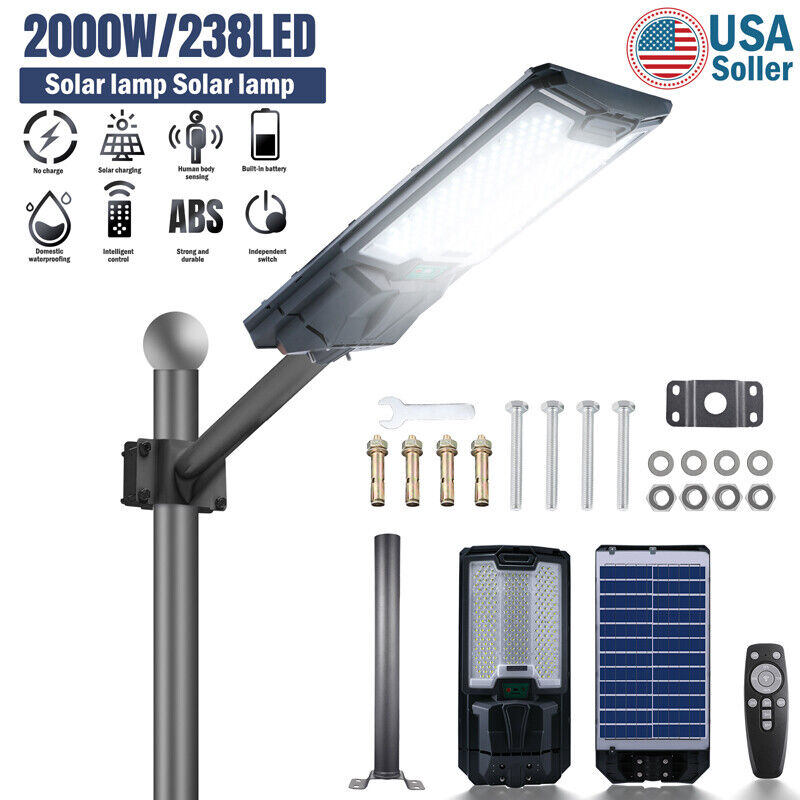 ny 2000W kommerciel Solar Street Flood Light Udendørs Dusk to Dawn vejlampe + stang