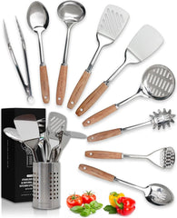 10 Pcs Stainless Steel Kitchen Utensils Set-Wood Handle Nonstick Stainless Steel 07FC0E-D4 - KOEEK