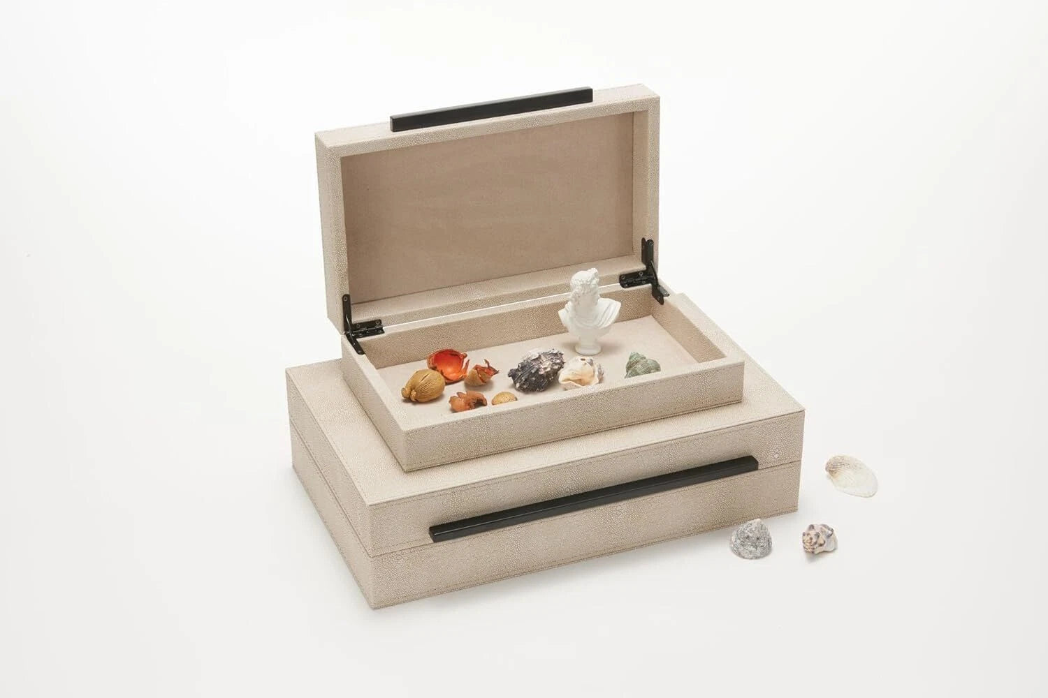 Set of 2 Ivory Sagarin Decorative Boxes with Black Metal Handles 07FC0E-D4 - KOEEK