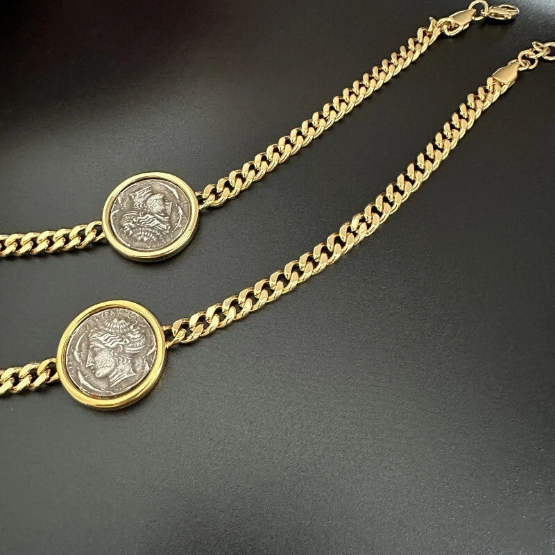 Retro Coins Ancient Hunting Carriage/Ocean Goddess Vintage Necklace Thick Chain 07FC0E-D4 - KOEEK
