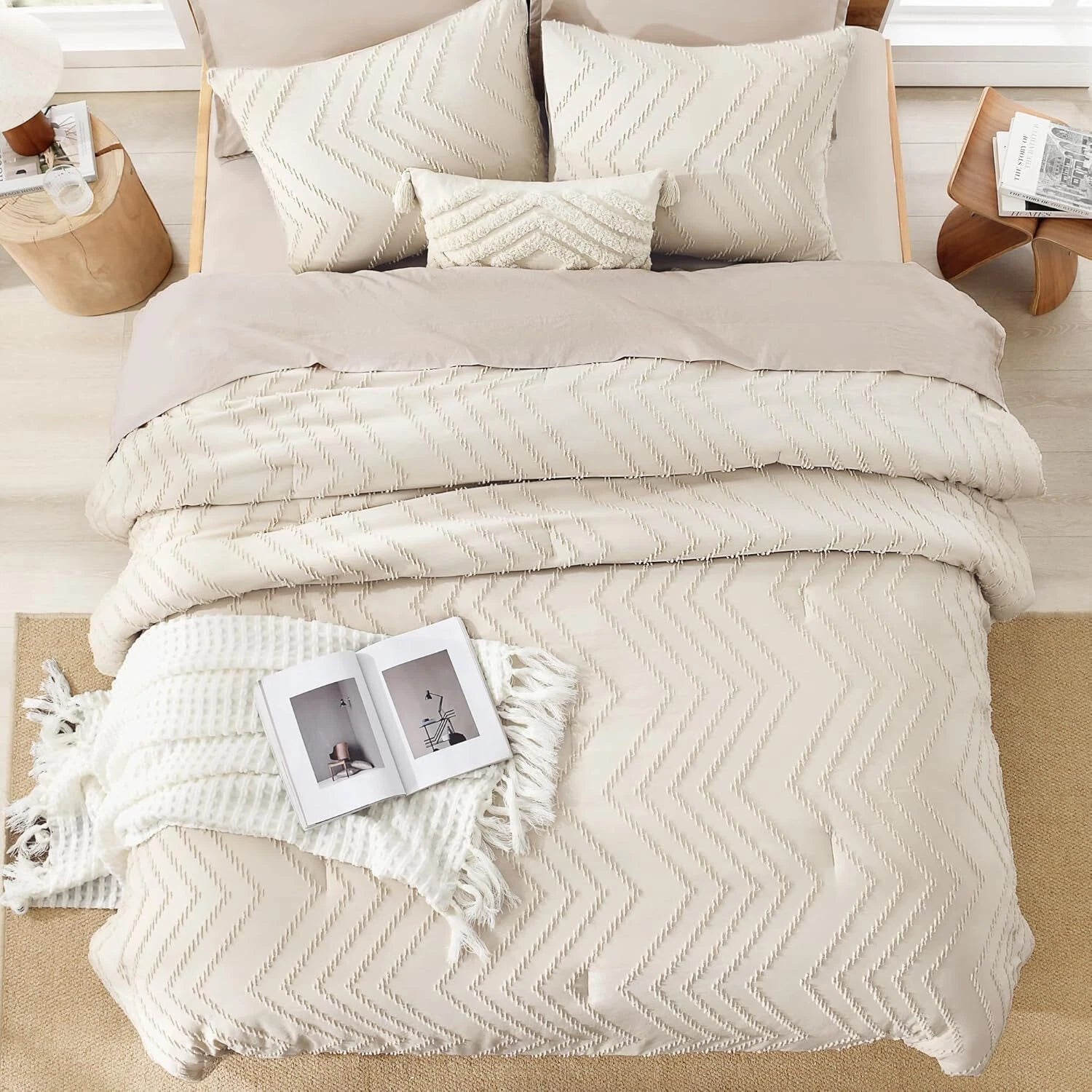 Queen Beige Duvet Cover, 3-Piece Lightweight Chevron Tufted Bedding Set 07FC0E-D4 - KOEEK