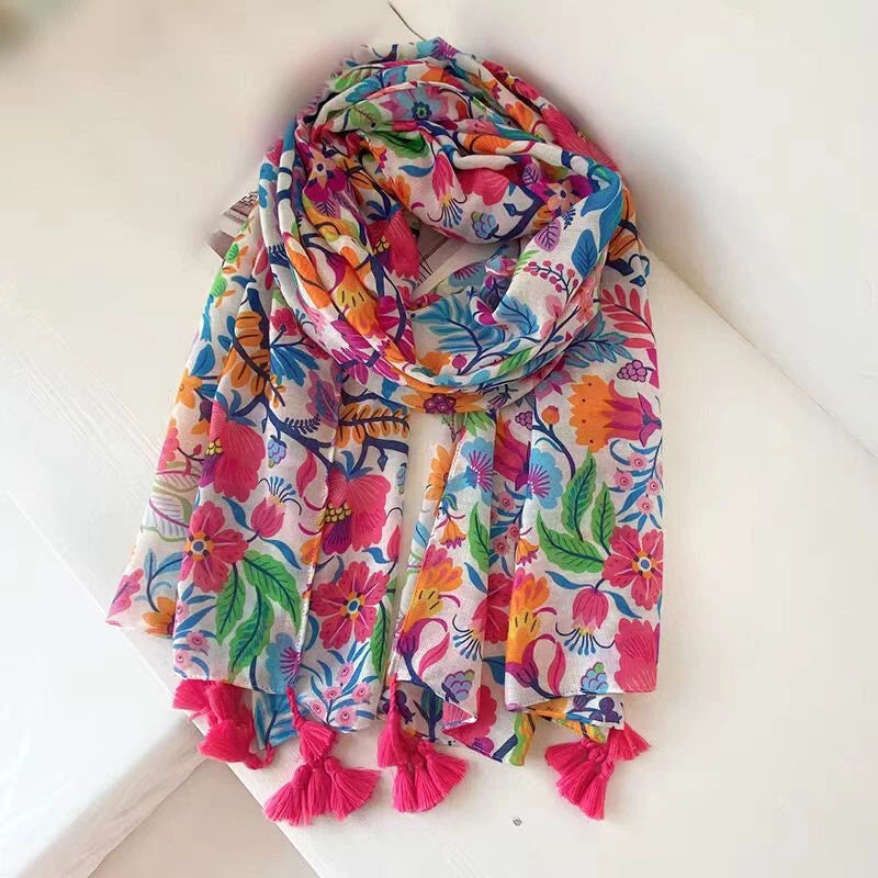 Womens Garden Floral Shawl Tassel Colorful Beach Vacation Pashmina Wrap Scarf 07FC0E-D4 - KOEEK