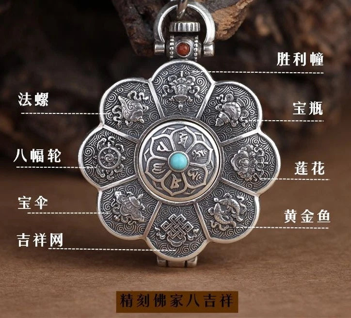 Lotus Eight Treasures Six Syllable Mantra Openable Amulet Box Ethnic Necklace 07FC0E-D4 - KOEEK