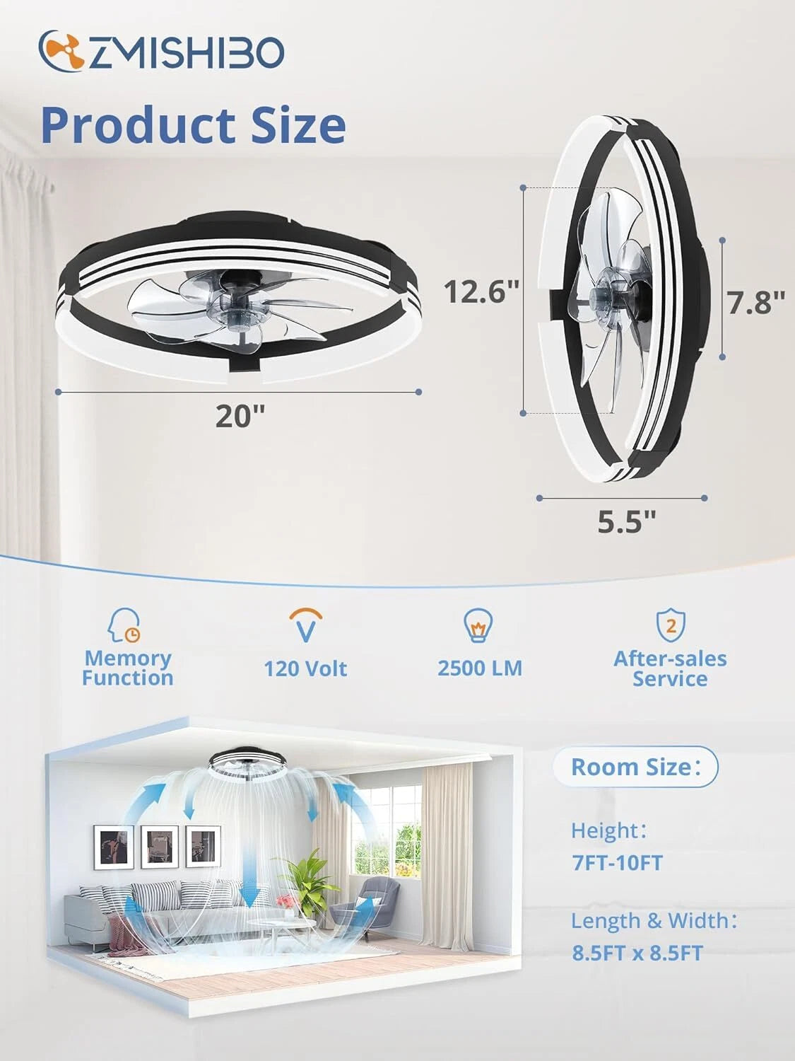 Low Profile Ceiling Fans with Lights and Remote, 20 Inch Flush Mount Ceiling Fan 07FC0E-D4 - KOEEK