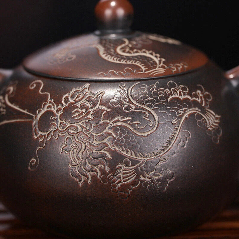Pottery Tea Pot With Ball Shaped Infuser Holes Dragon Carved Xishi Pot Handmade 07FC0E-D4 - KOEEK