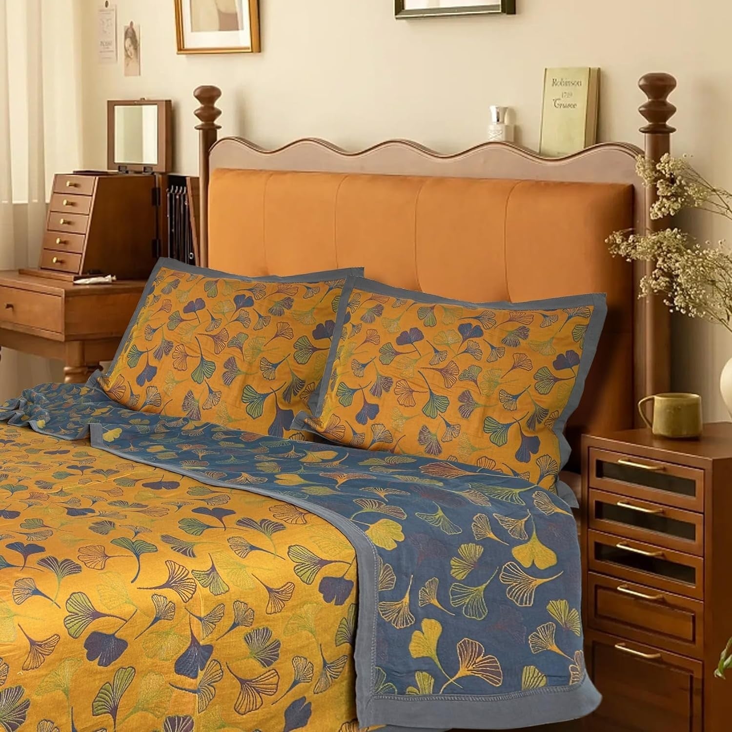 new 3 Piece Ginkgo Quilt Set with 2 Pillow Shams Queen Quilt, Orange 07FC0E-D4 - KOEEK