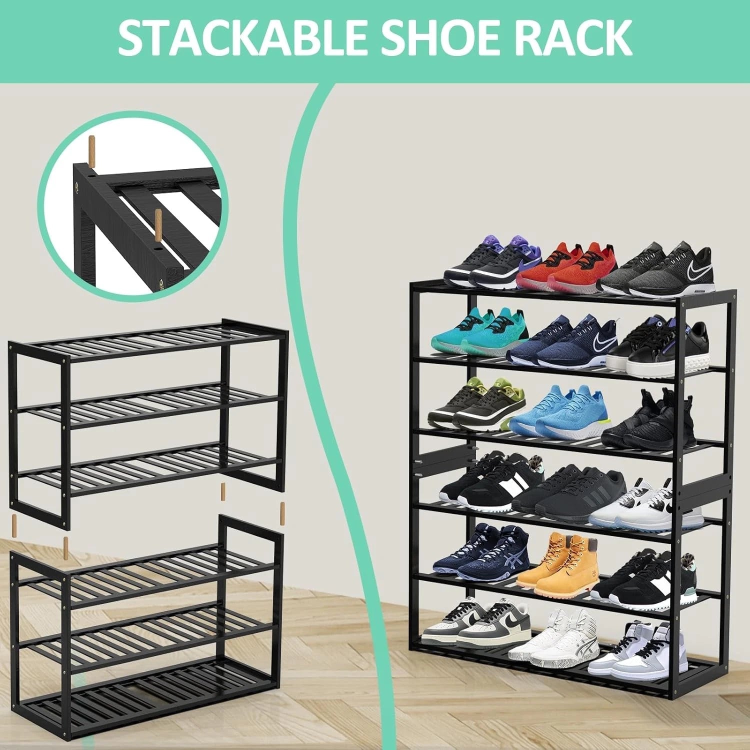 Bamboo shoe rack, stackable three-tier shoe rack, can store 9-12 pairs of shoes 07FC0E-D4 - KOEEK