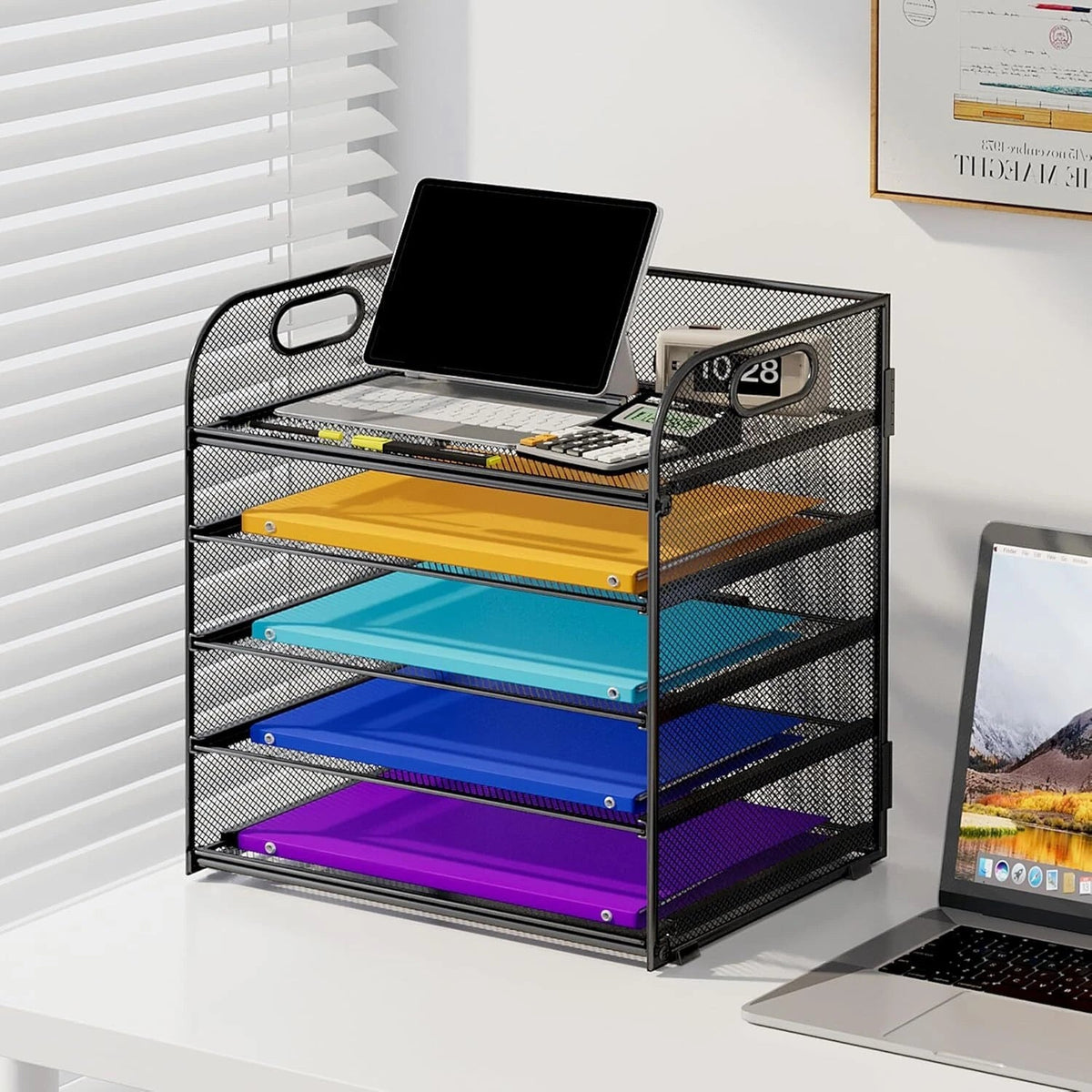 5-Shelf Paper Organizer with Handles, Metal Mesh Desktop Organizer Black 07FC0E-D4 - KOEEK