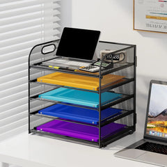 5-Shelf Paper Organizer with Handles, Metal Mesh Desktop Organizer Black 07FC0E-D4 - KOEEK