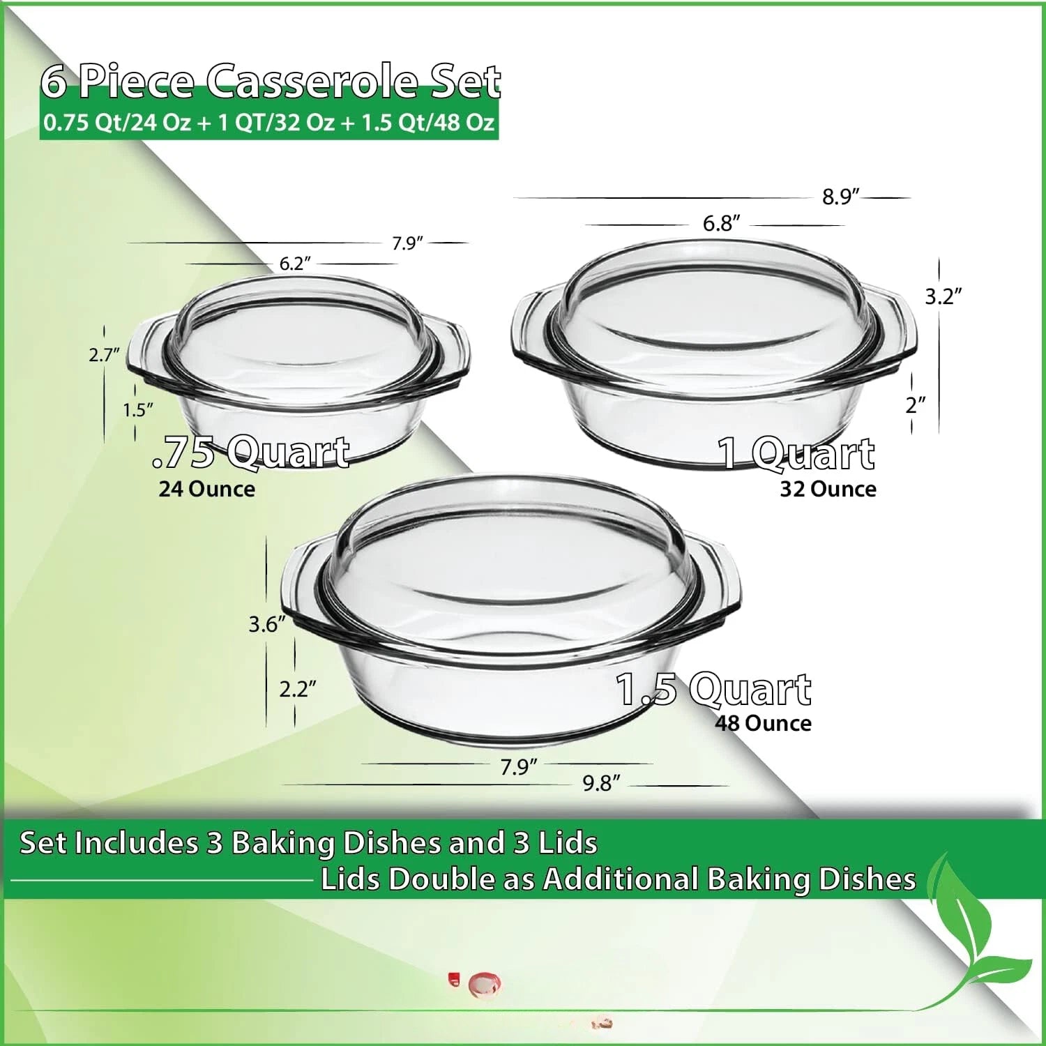 Casserole dish set, set of 3 casserole dishes with lids, round glass cookware 07FC0E-D4 - KOEEK