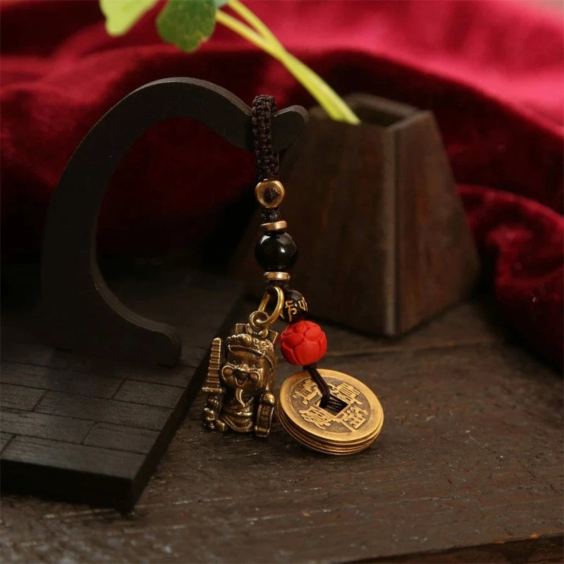 Vintage Brass Wealth God Keychain Amulet Handmade Braided Rope  Pendant 07FC0E-D4 - KOEEK