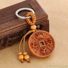 Retro Peach Wood Handcarved Feng Shui Four Divine Beasts Keychain Amulet Pendant 07FC0E-D4 - KOEEK