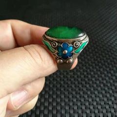 Chinese Vintage Tibetan Silver Green Zircon Adjustable Amulet Rings Collection 07FC0E-D4 - KOEEK