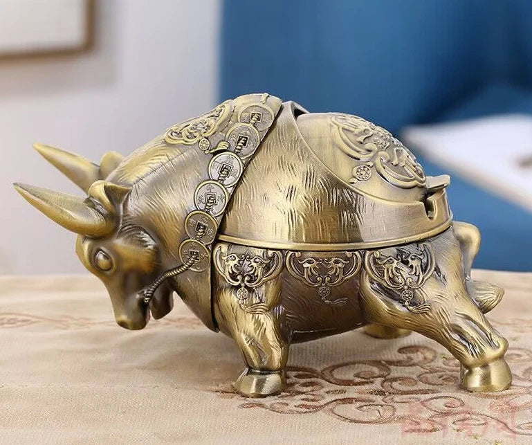 Vintage Bull Ashtray with Lid Cigar Cigarettes Metal Ashtray Windproof Ash Tray 07FC0E-D4 - KOEEK