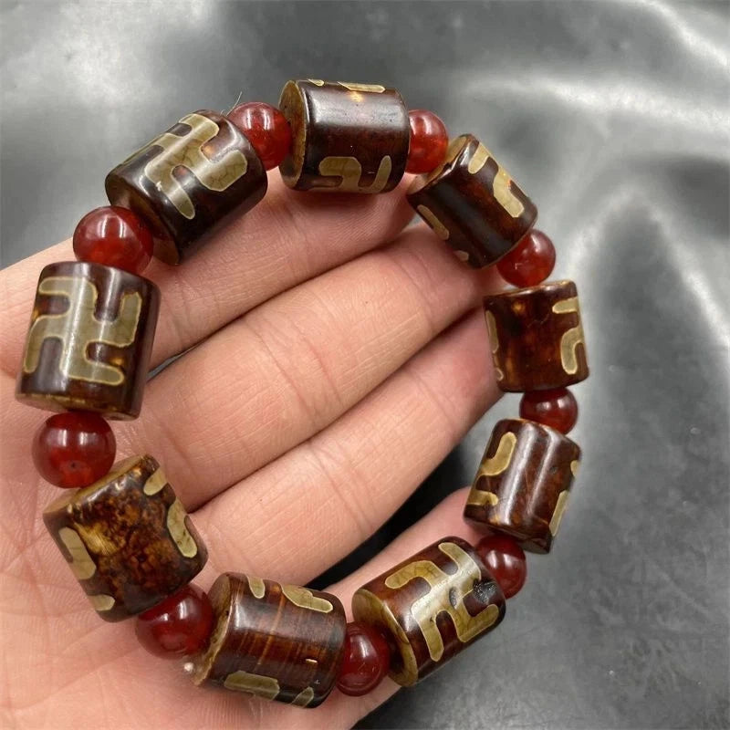 Tibetan Dzi Bead Bracelet Swastika Three Eye Agate Carnelian Unisex Prayer Beads 07FC0E-D4 - KOEEK