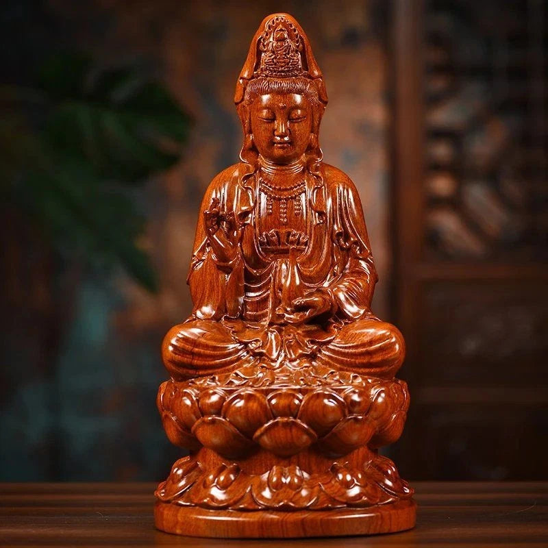14cm Rosewood Carved Guanyin Buddha Statue Lotus Seat Home Decor Craft 07FC0E-D4 - KOEEK