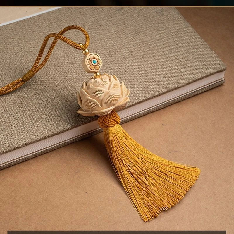 Boxwood Lotus Rearview Mirror Hanging Ornament Tassel Car Charm Unisex 07FC0E-D4 - KOEEK