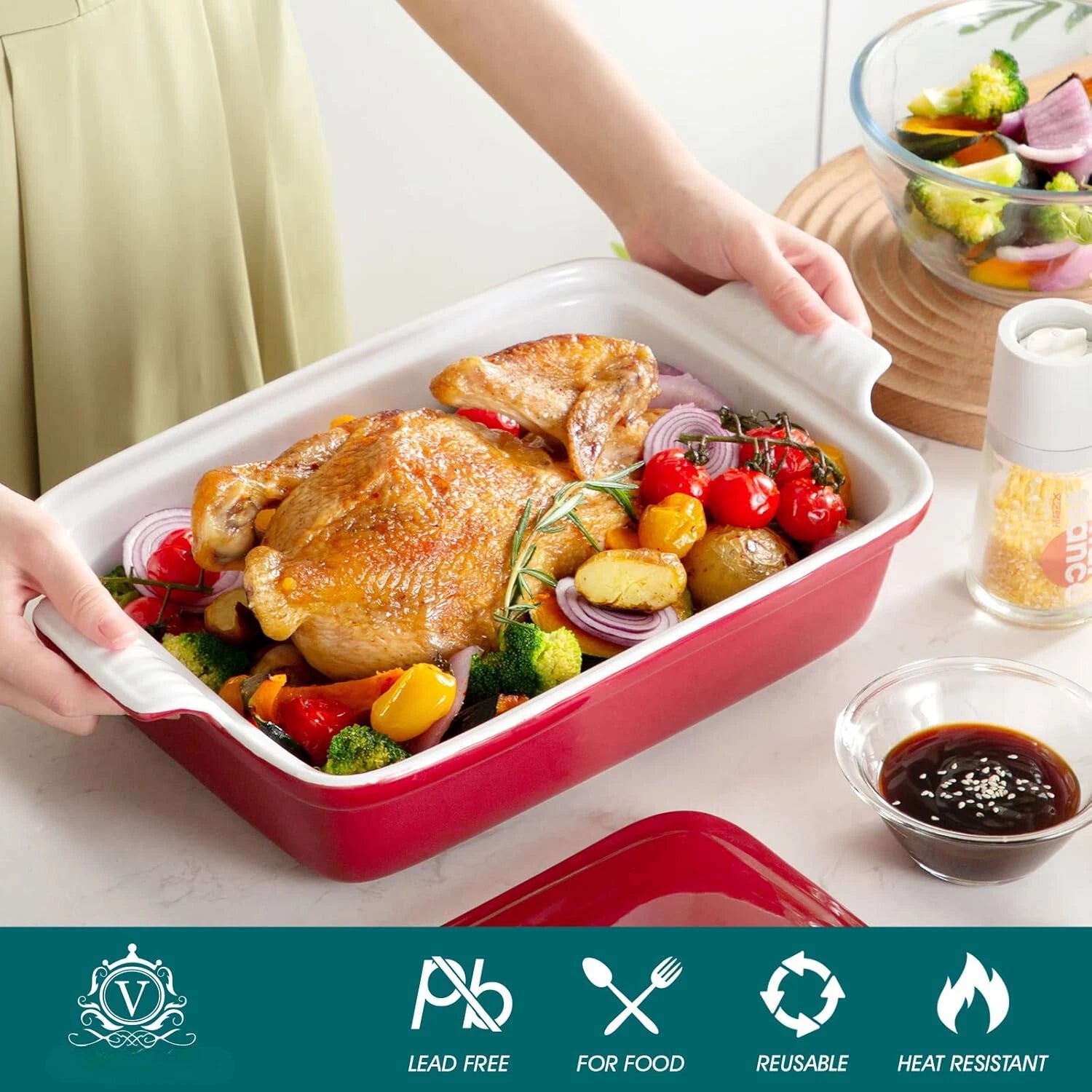 Casserole, 13x9 Baking Pan, 3.8-Quart Casserole Set , with Lid, Red 07FC0E-D4 - KOEEK