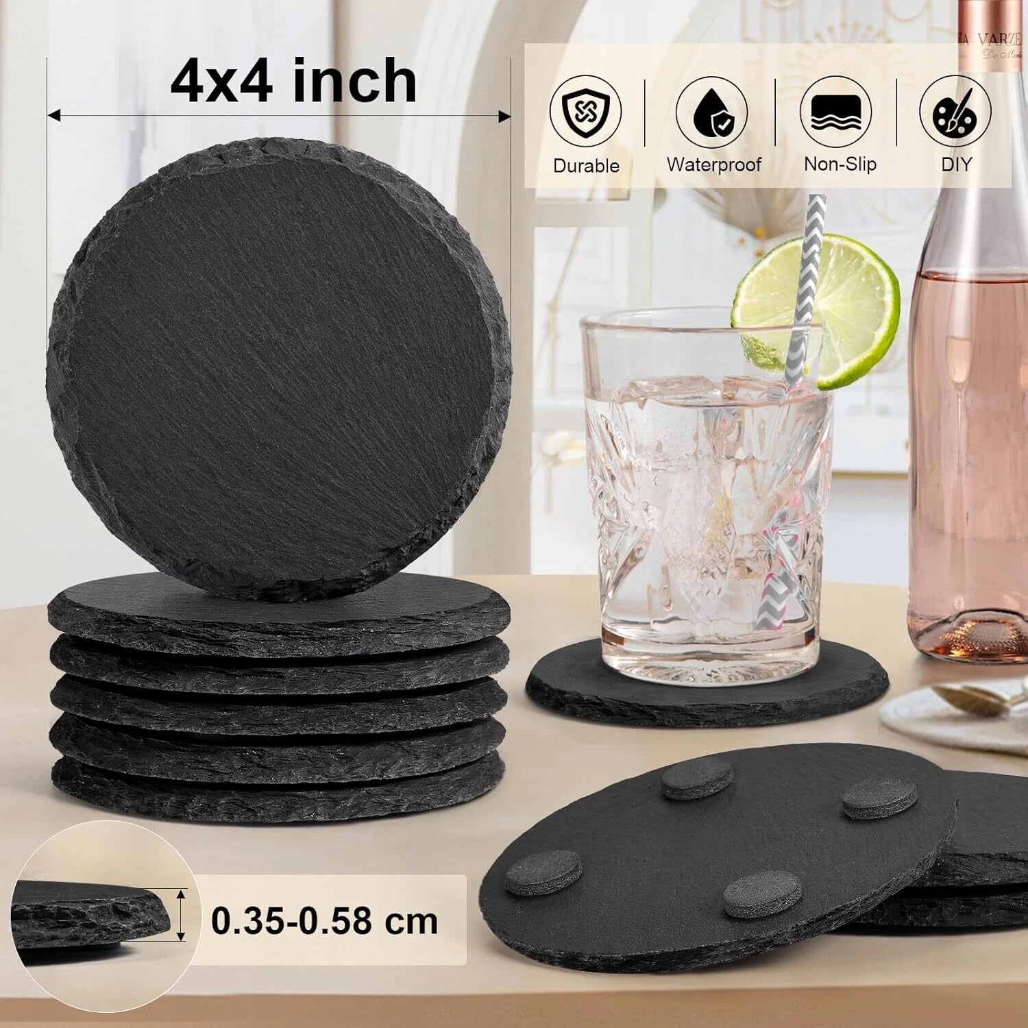 48 PCS Bulk Slate Coasters, 4-Inch Black Stone Coasters, Home Décor 07FC0E-D4 - KOEEK