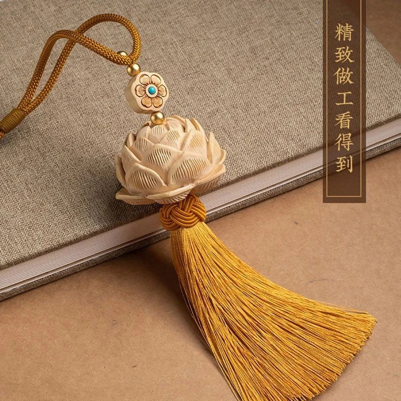 Boxwood Lotus Rearview Mirror Hanging Ornament Tassel Car Charm Unisex 07FC0E-D4 - KOEEK