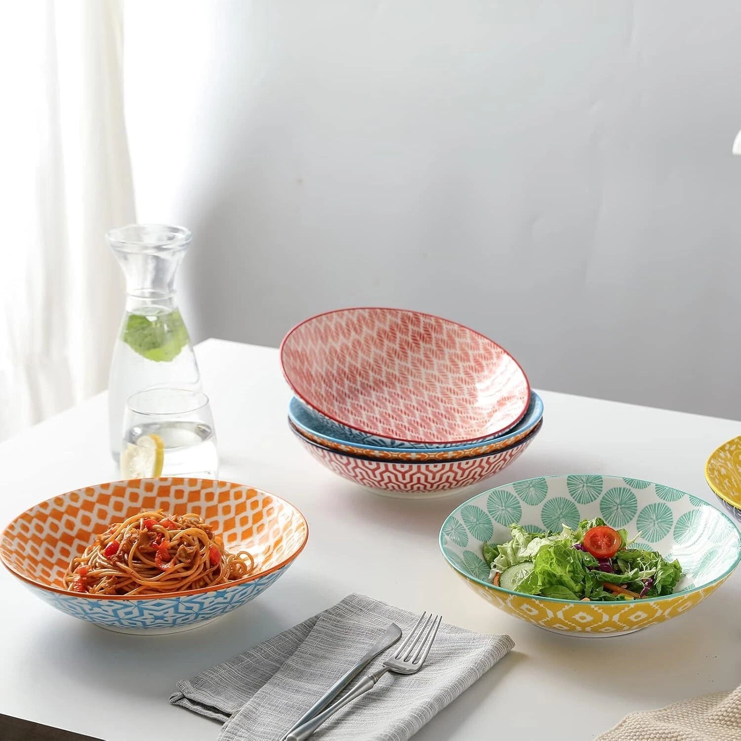 40 oz Porcelain Large Bowl 9” Large Pasta Salad Bowl, Color, Set of 6 07FC0E-D4 - KOEEK