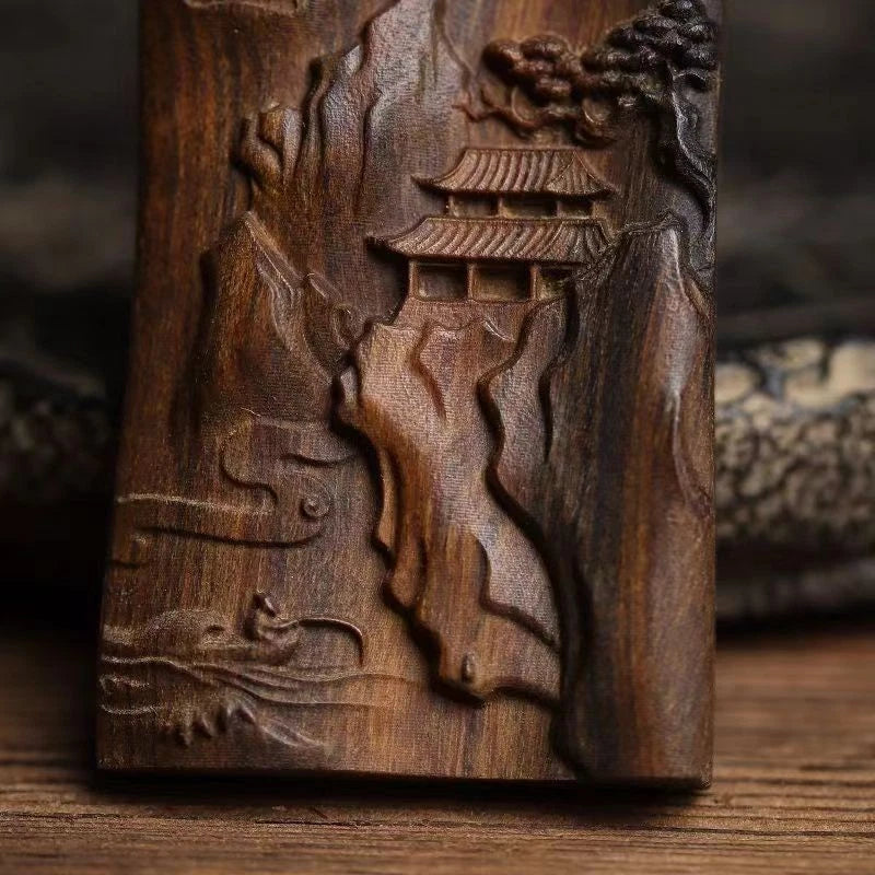 Natural Borneo Agarwood Pendant Landscape Carving Peace Necklace Charm 07FC0E-D4 - KOEEK