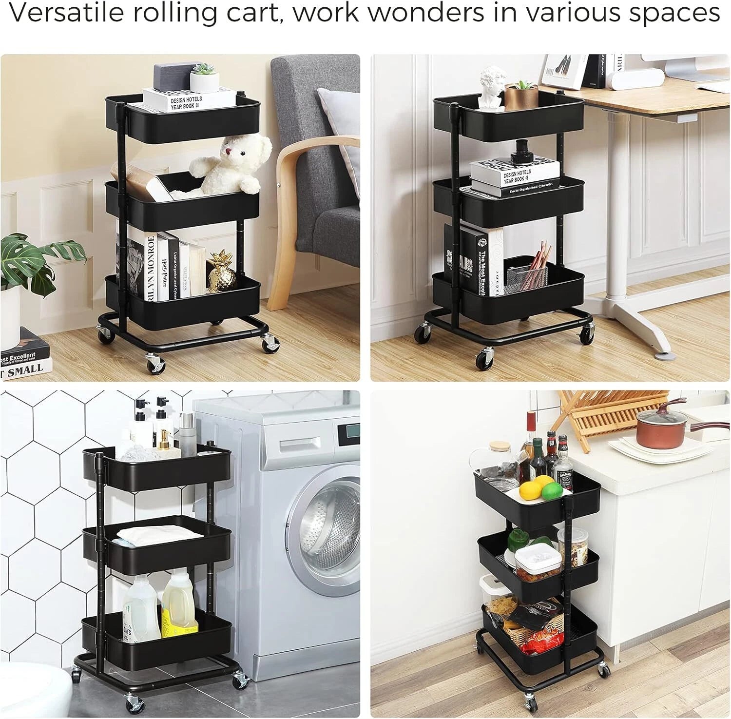 3-Tier Metal Rolling Cart, Utility Cart, Kitchen Cart with Adjustable Shelves 07FC0E-D4 - KOEEK