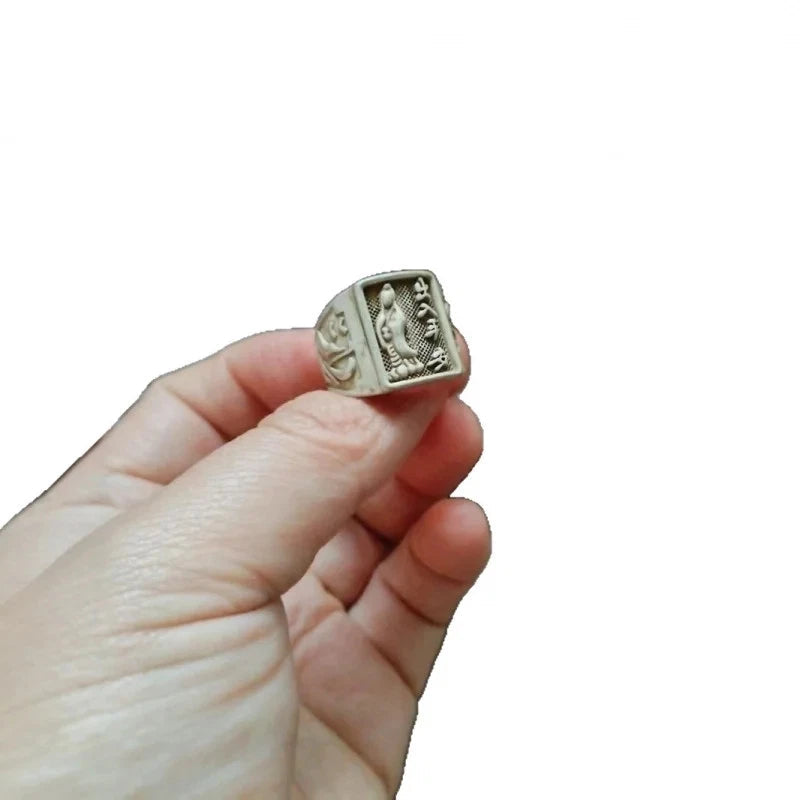Vintage Silver-plated Handcarved Guanyin Bodhisattva Pingan Rings Amulet Jewelry 07FC0E-D4 - KOEEK