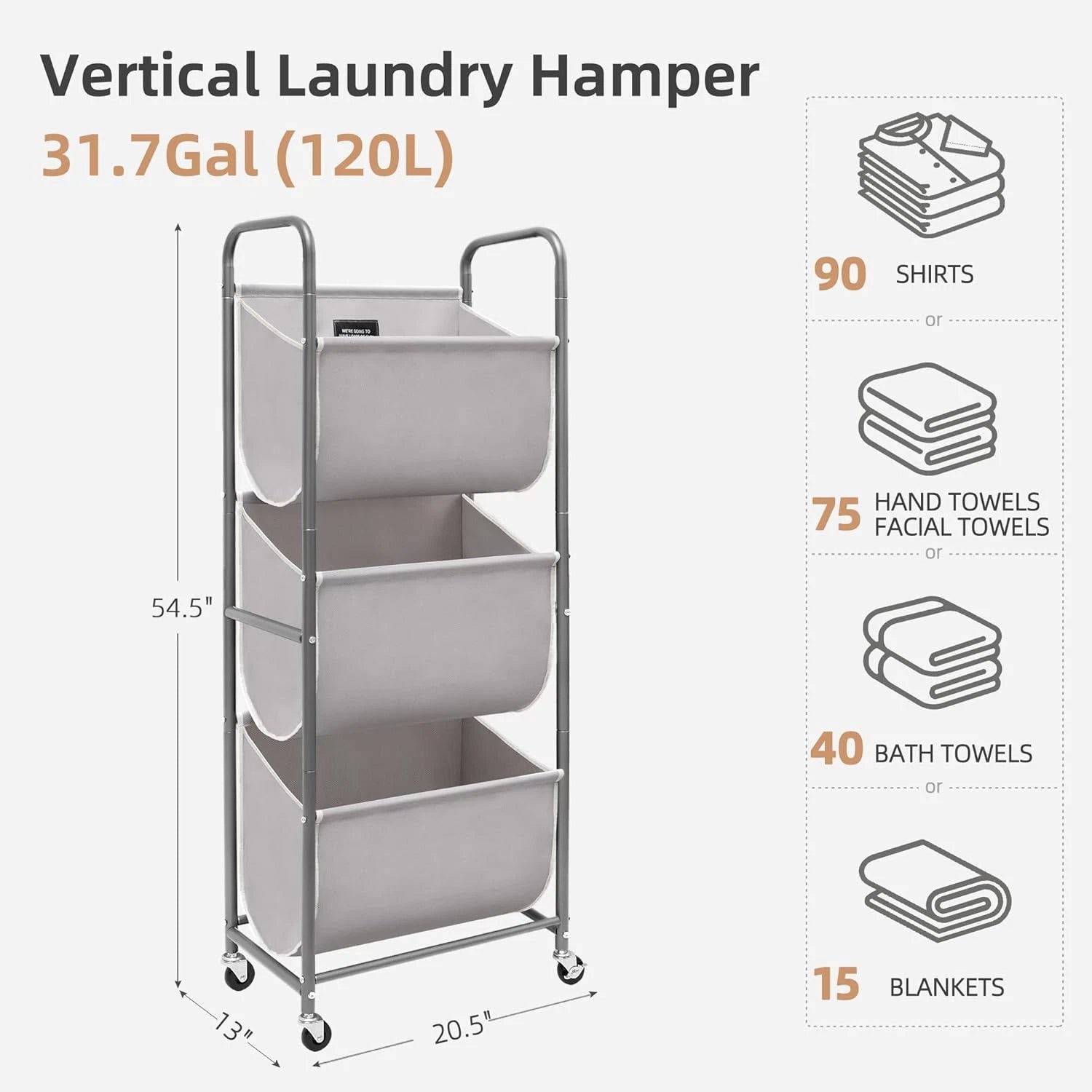 120-liter vertical rolling laundry basket with wheels and 2 brakes 07FC0E-D4 - KOEEK