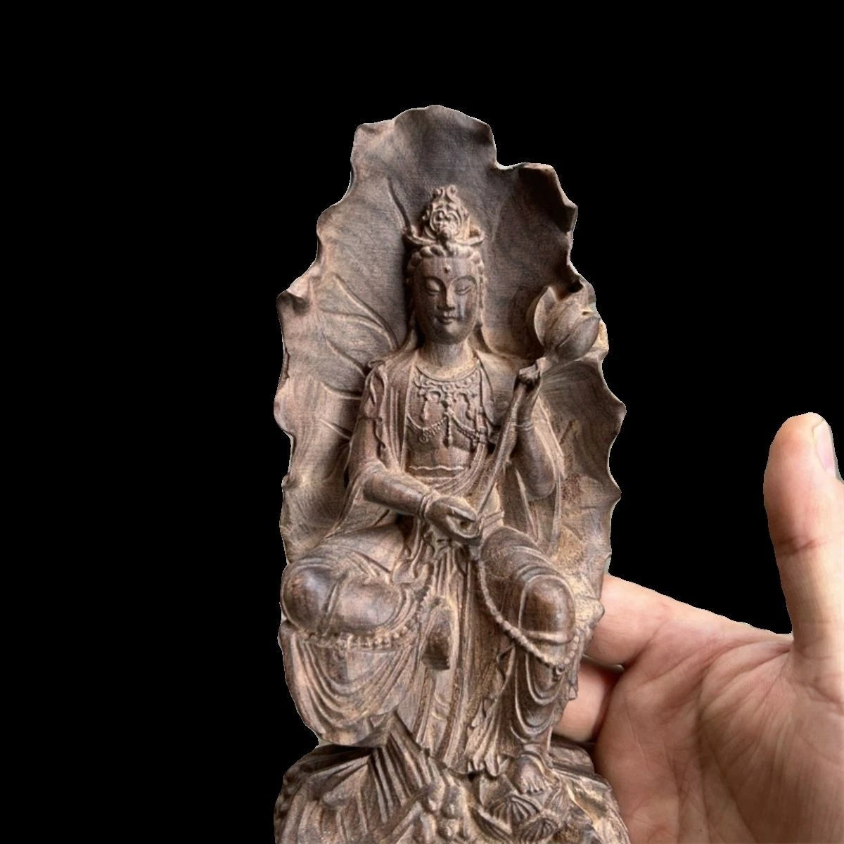 20cm Vietnamese Agarwood Carved Lotus Guanyin Statue Wooden Home Altar 07FC0E-D4 - KOEEK