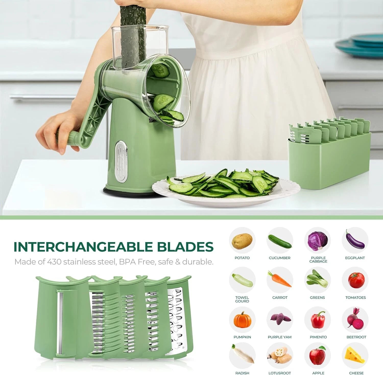 Rotary Cheese Grater with Handle -Vegetable Shredder with 5 Well-designed Blades 07FC0E-D4 - KOEEK