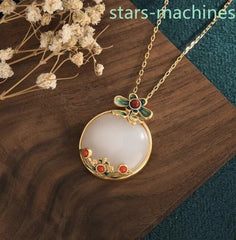 Chinese Style Necklace White Jade Pendant Enamel Cloisonne Necklace 07FC0E-D4 - KOEEK