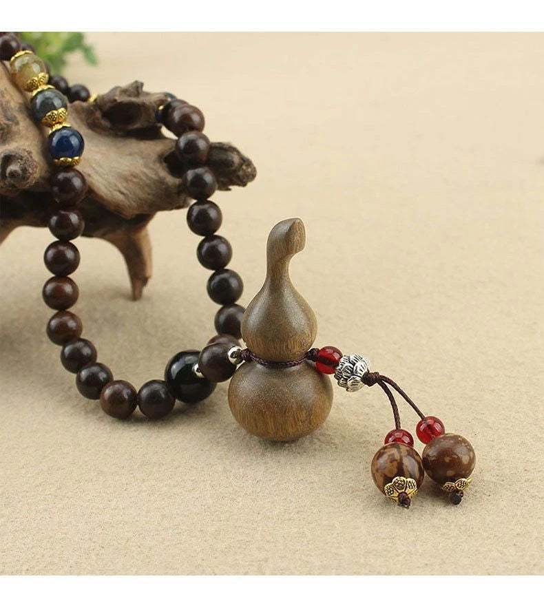 Green Sandalwood Gourd Pendant Necklace Unisex Wooden Bead Sweater Chain Vintage 07FC0E-D4 - KOEEK