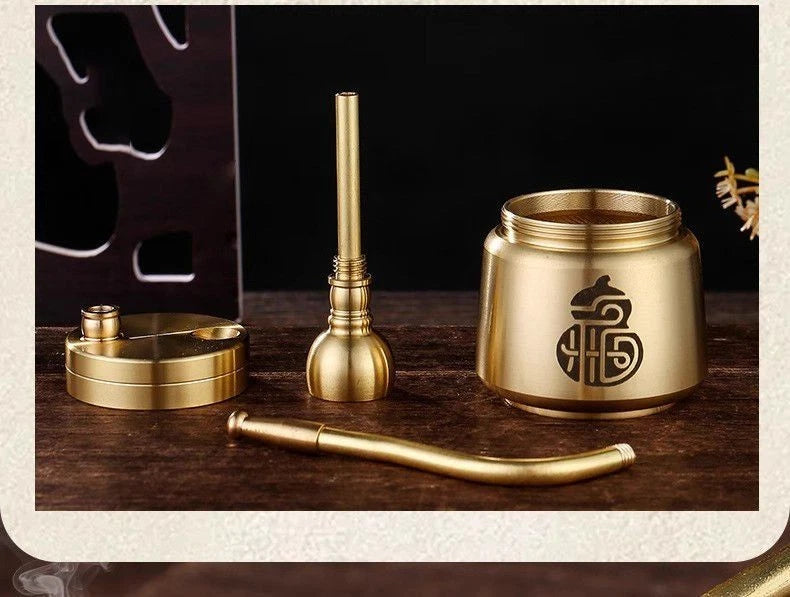 Brass Fu Pattern Cylinder Hookah Water Pipe Detachable Filter Tobacco Pipe 07FC0E-D4 - KOEEK