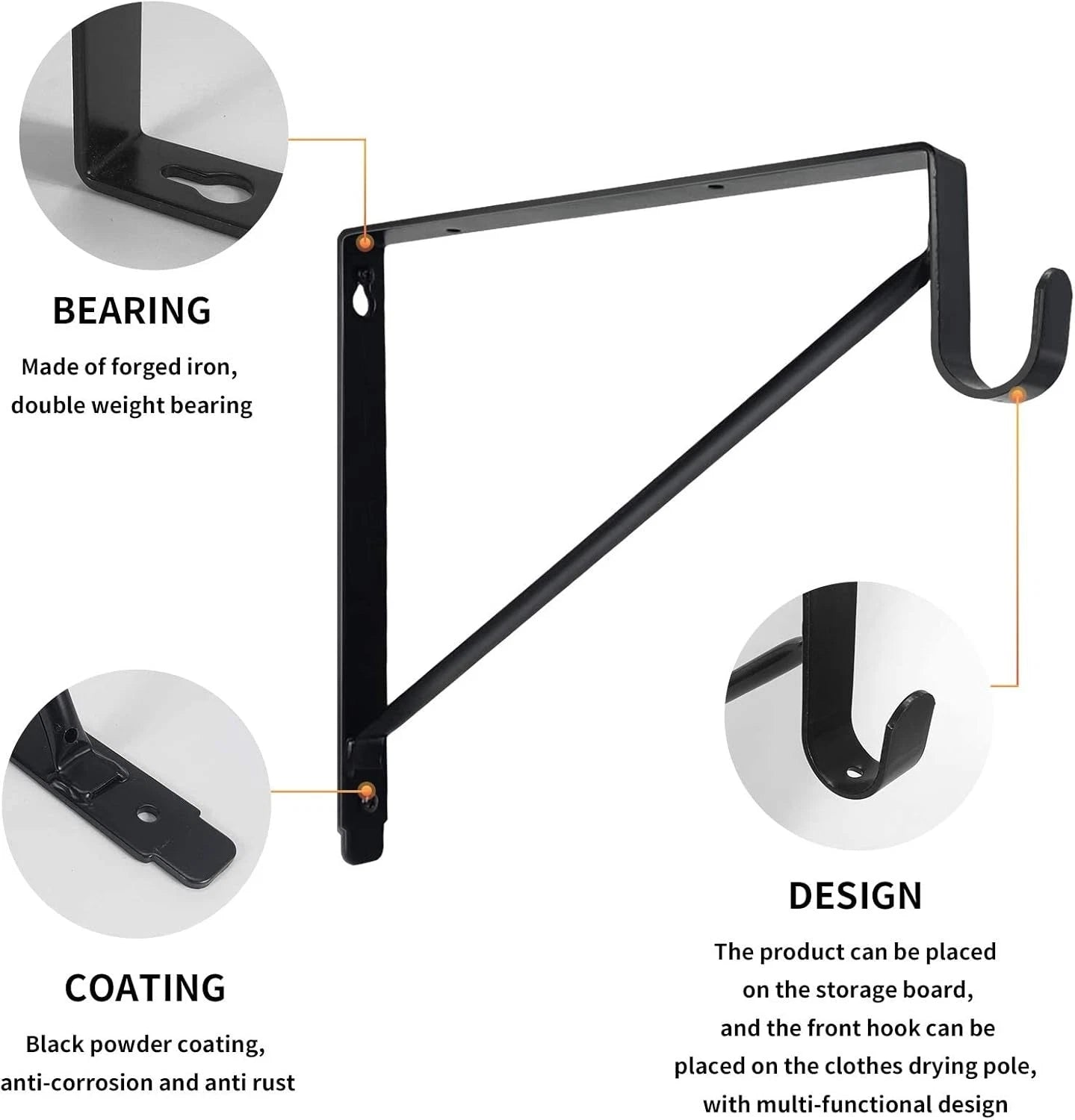 2-piece heavy-duty wardrobe shelf and clothes rail bracket, black steel 07FC0E-D4 - KOEEK