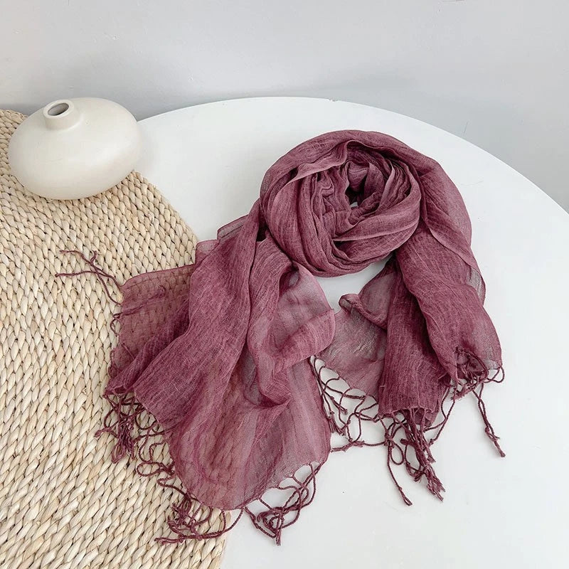 Womens Soft  Linen Cotton Scarf Solid Color Tassel Yellow Neckerchief Shawl 07FC0E-D4 - KOEEK
