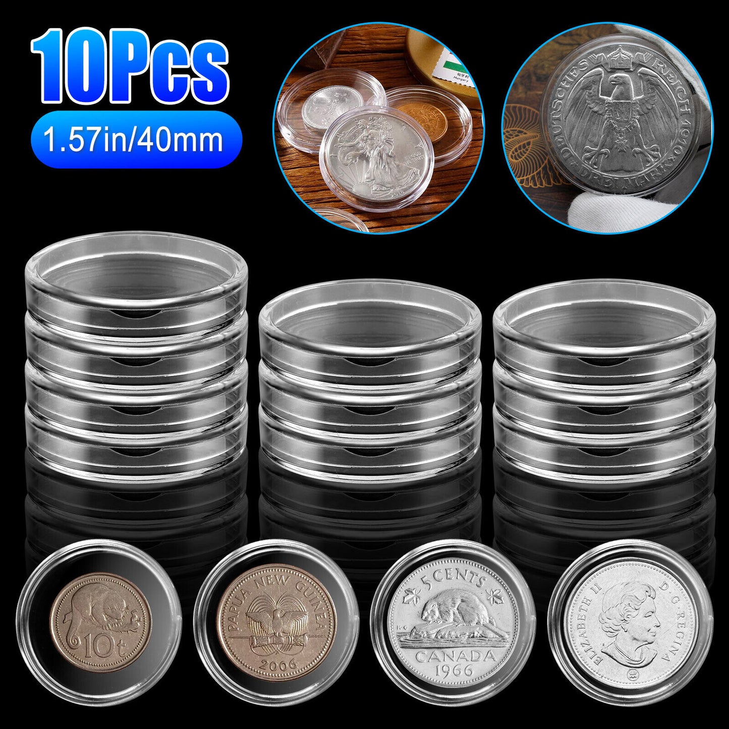 10 PCS Coin Holder Capsules Case 40mm Clear Round Box for Silver Dollar Storage